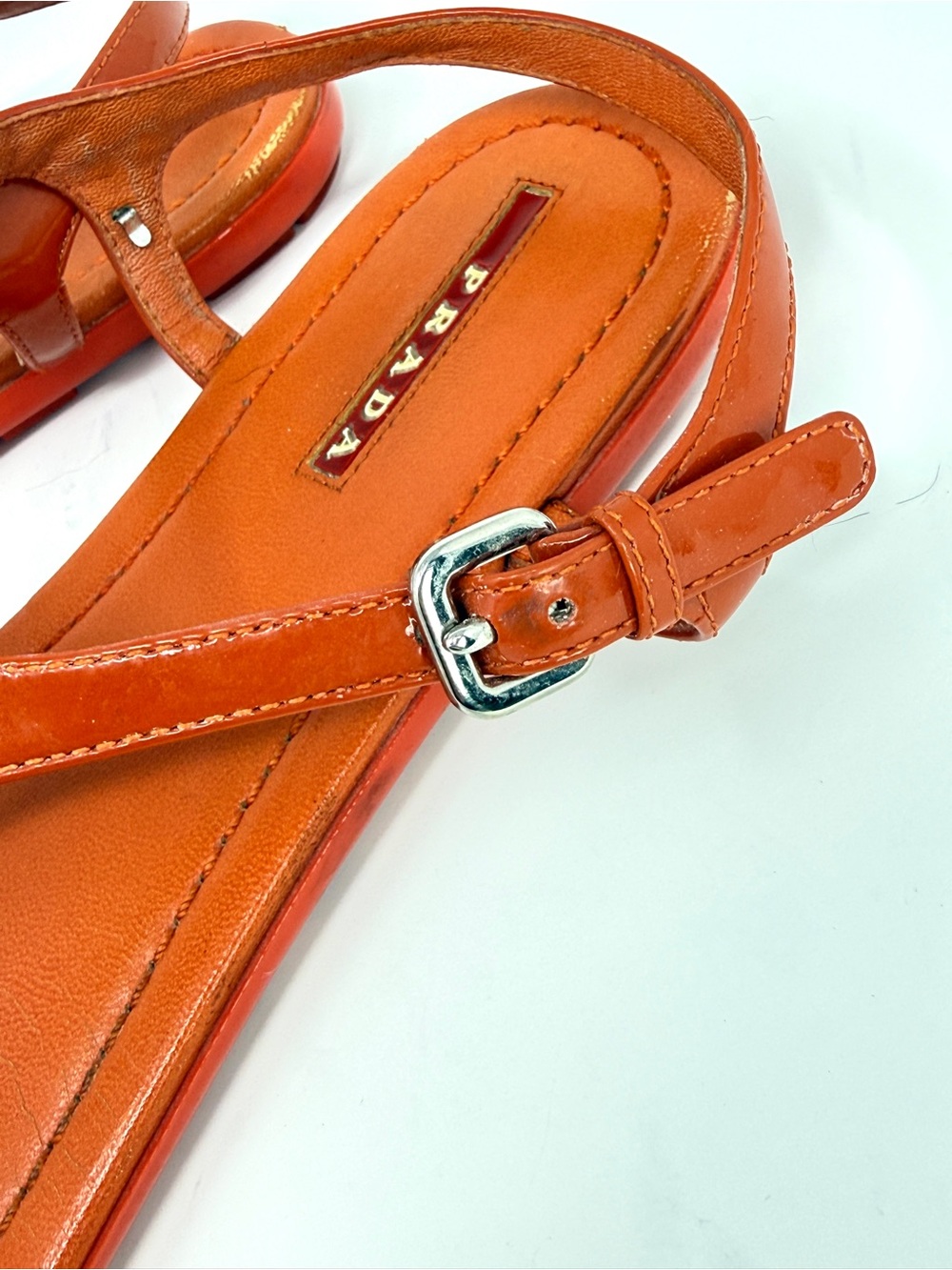 PRADA Triangle Logo Patent Leather Thong Sandals Arancio Orange-Red Size 41 US10 - Picture 11 of 16